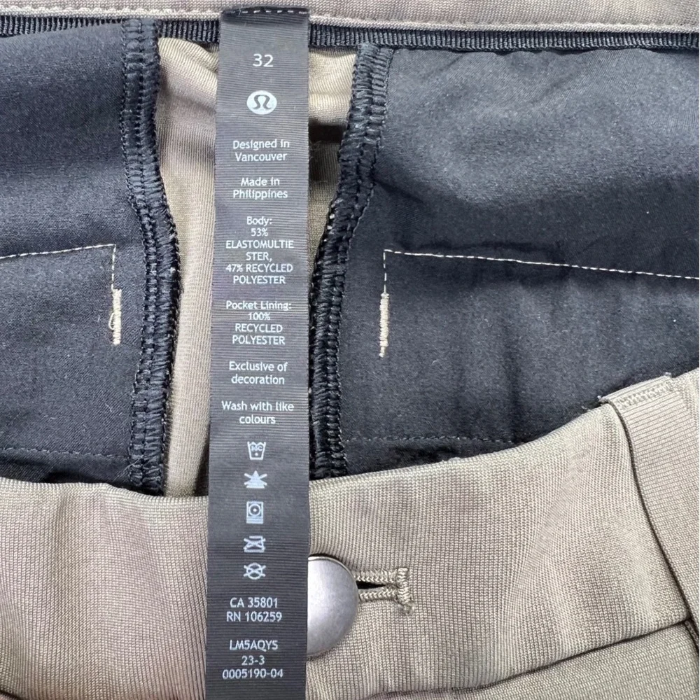 Lululemon Commission Slim Fit Pant 32 Recycled Polyester Khaki Green Golf Chino